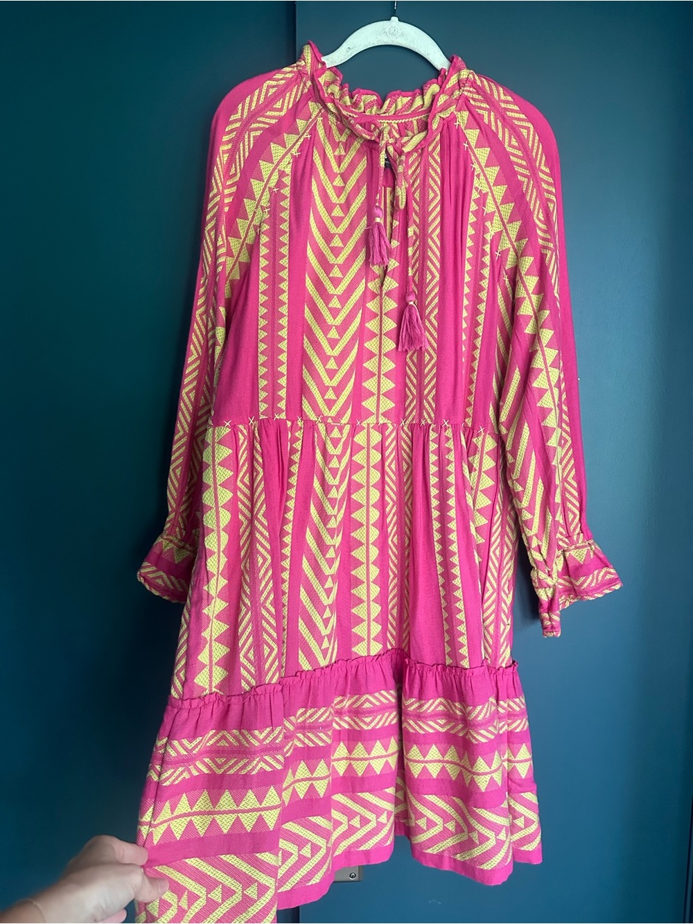 Maeve Pink & Yellow Geometric Tiered Shift Dress